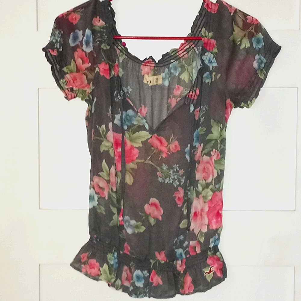 Hollister Gray Flower Sheer Blouse